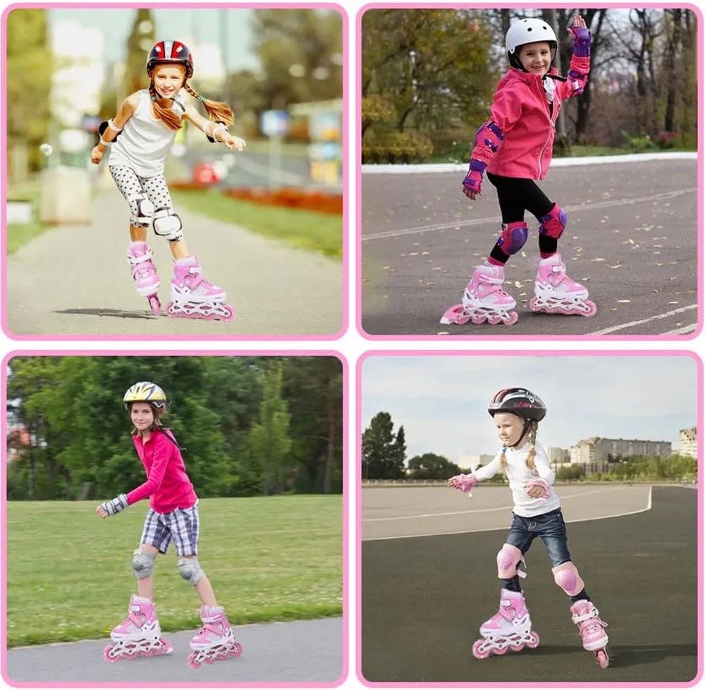 Pink Kids Inline Skates for Girls with Full Wheels Illuminating, Adjuatable Mens and Womens Roller Skates Blades for Beginner in Outdoor and Indoor