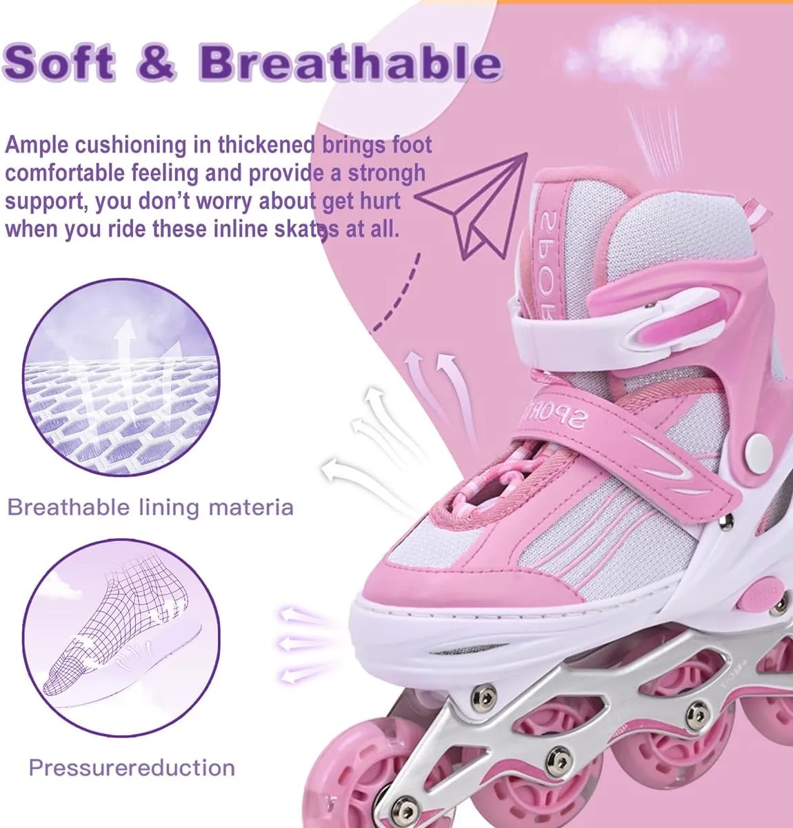 Pink Kids Inline Skates for Girls with Full Wheels Illuminating, Adjuatable Mens and Womens Roller Skates Blades for Beginner in Outdoor and Indoor