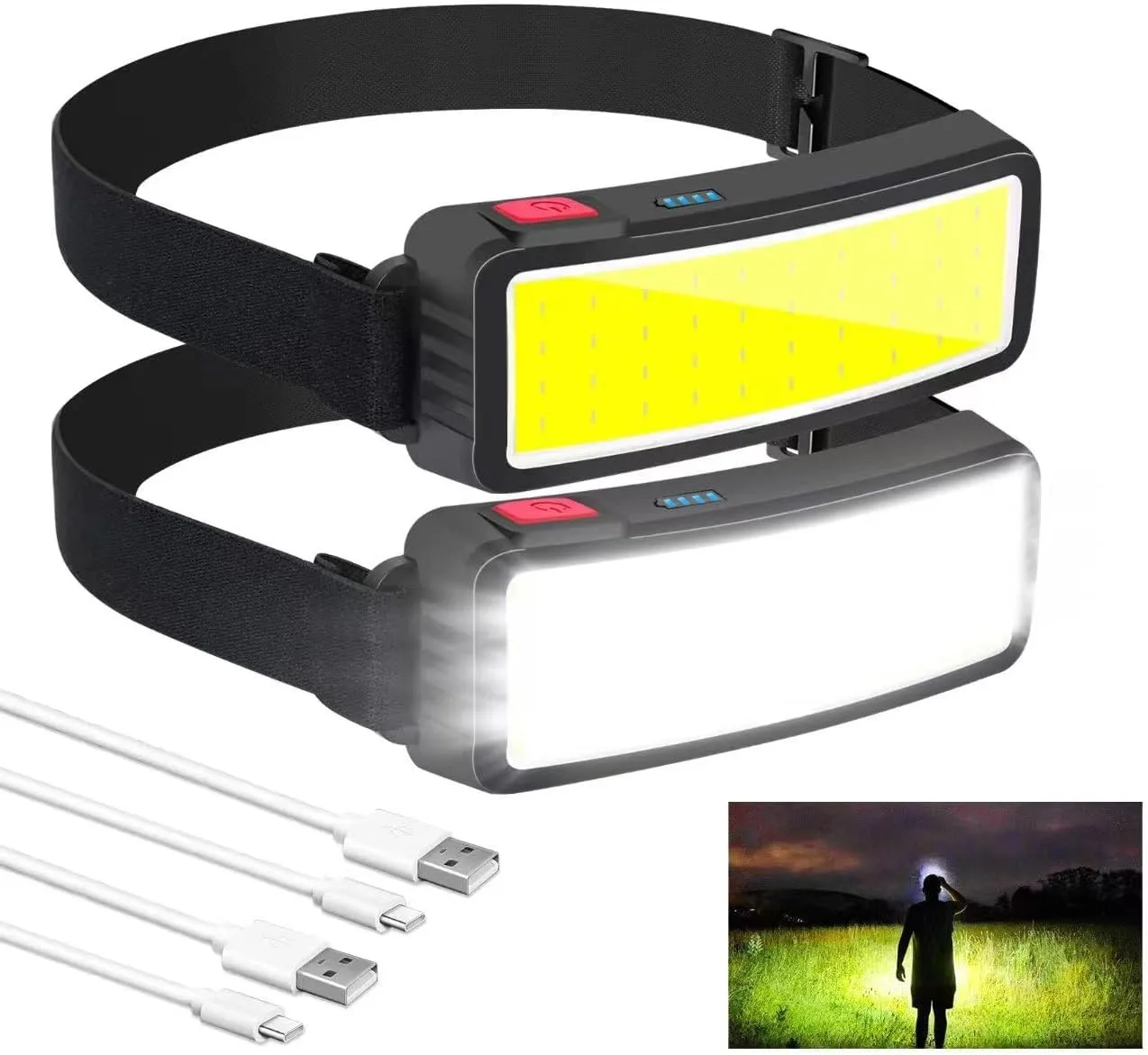 Rechargeable Headlamp Flashlight, 5000 Lumen Wide Beam Led Headlamp, 3 Lighting Modes, Lightweight Waterproof Light Bar Headlamp, Suitable for Outdoor, Running, Fishing, Camping (2 Packs)
