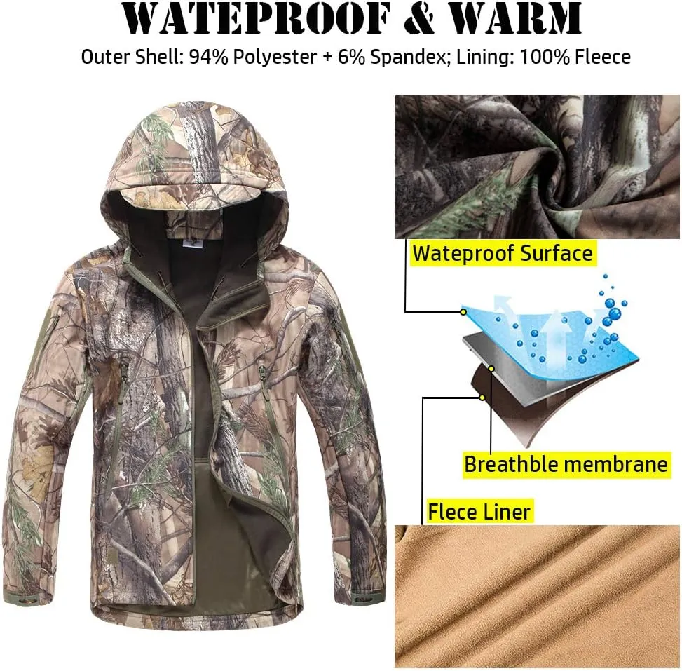 ReFire Gear Men's Soft Shell Military Tactical Jacket Outdoor Camouflage Hunting Fleece Hooded Coat