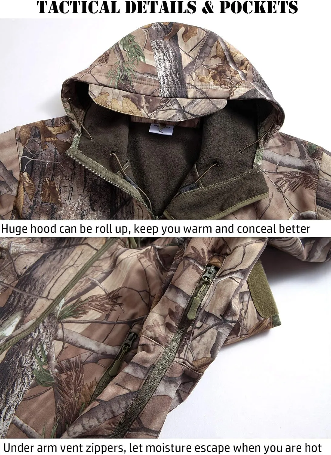 ReFire Gear Men's Soft Shell Military Tactical Jacket Outdoor Camouflage Hunting Fleece Hooded Coat