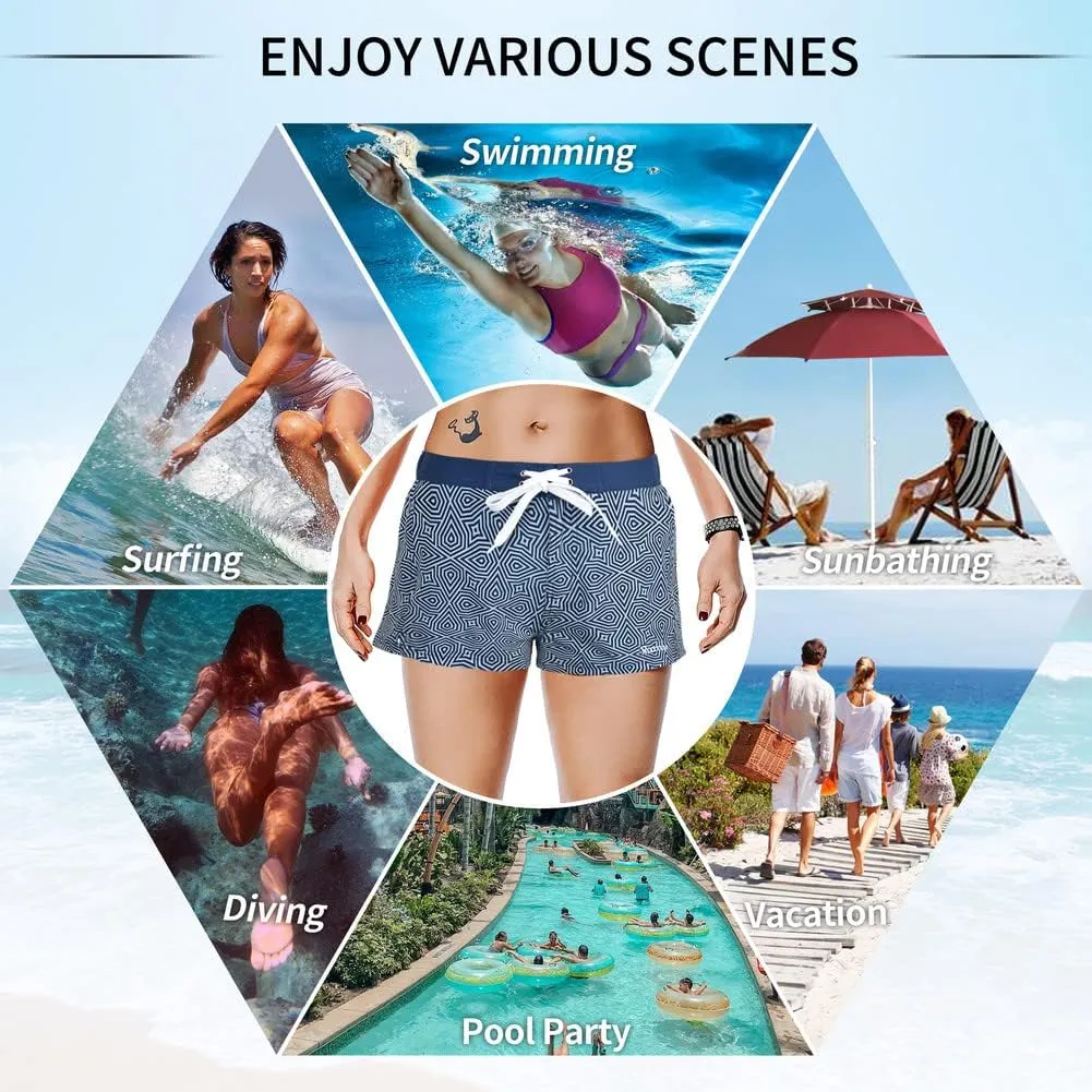 Rocorose Women's Board Shorts Quick Dry Elastic Waist Swim Shorts Surf Swimwear with Pocket and Liner