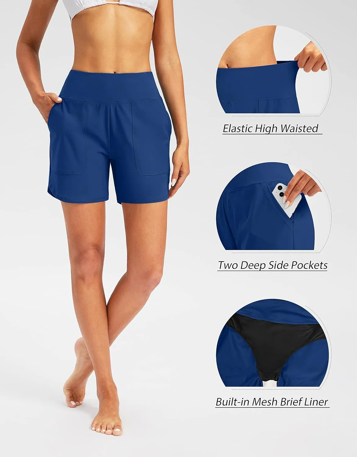 SANTINY Women's 5'' High Waisted Swim Board Shorts with Pockets UPF50  Quick Dry Bathing Suit Shorts for Women