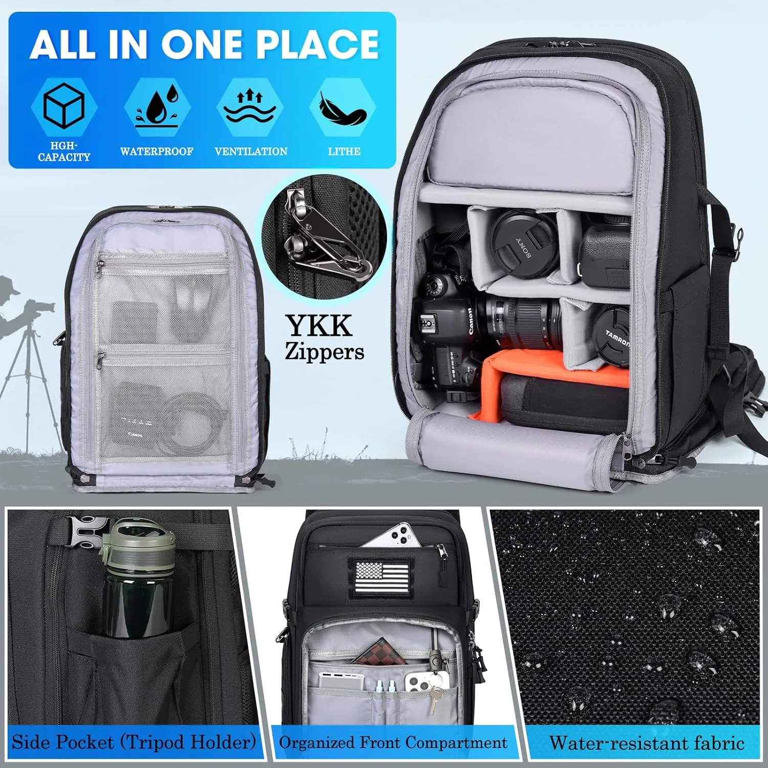 SDYSM Camera Backpack Bag Professional for DSLR/SLR Mirrorless Camera Waterproof 15.6 inch Tactical Camera Bags for Photographers with Rain Cover, Tripod Holder, Small Bag Photography Backpack Case