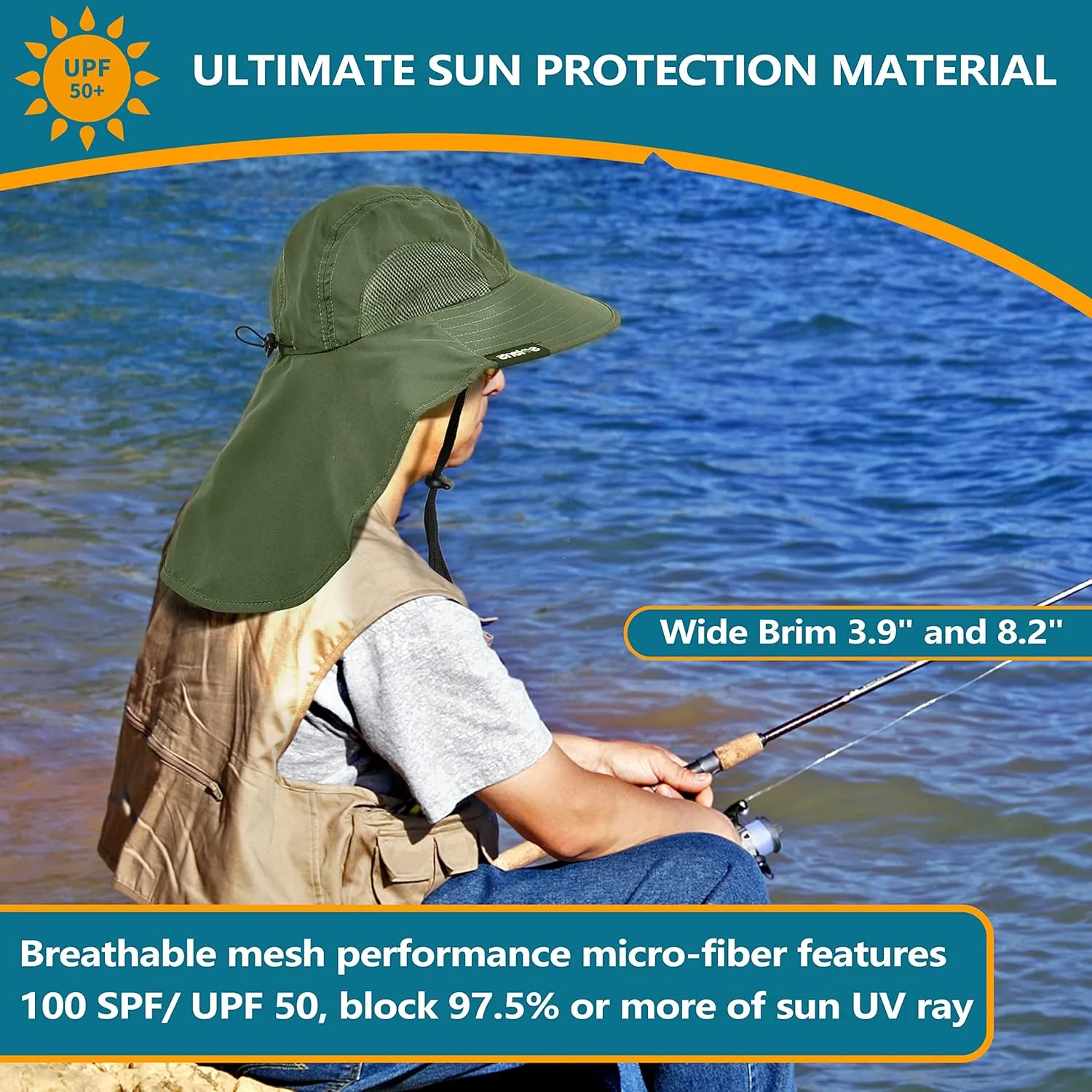 Solaris Sun Hat with Neck Flap, UPF 50 Sun Protection Lightweight Sun Cap for Men Women, Wide Brim Hat for Fishing Hiking