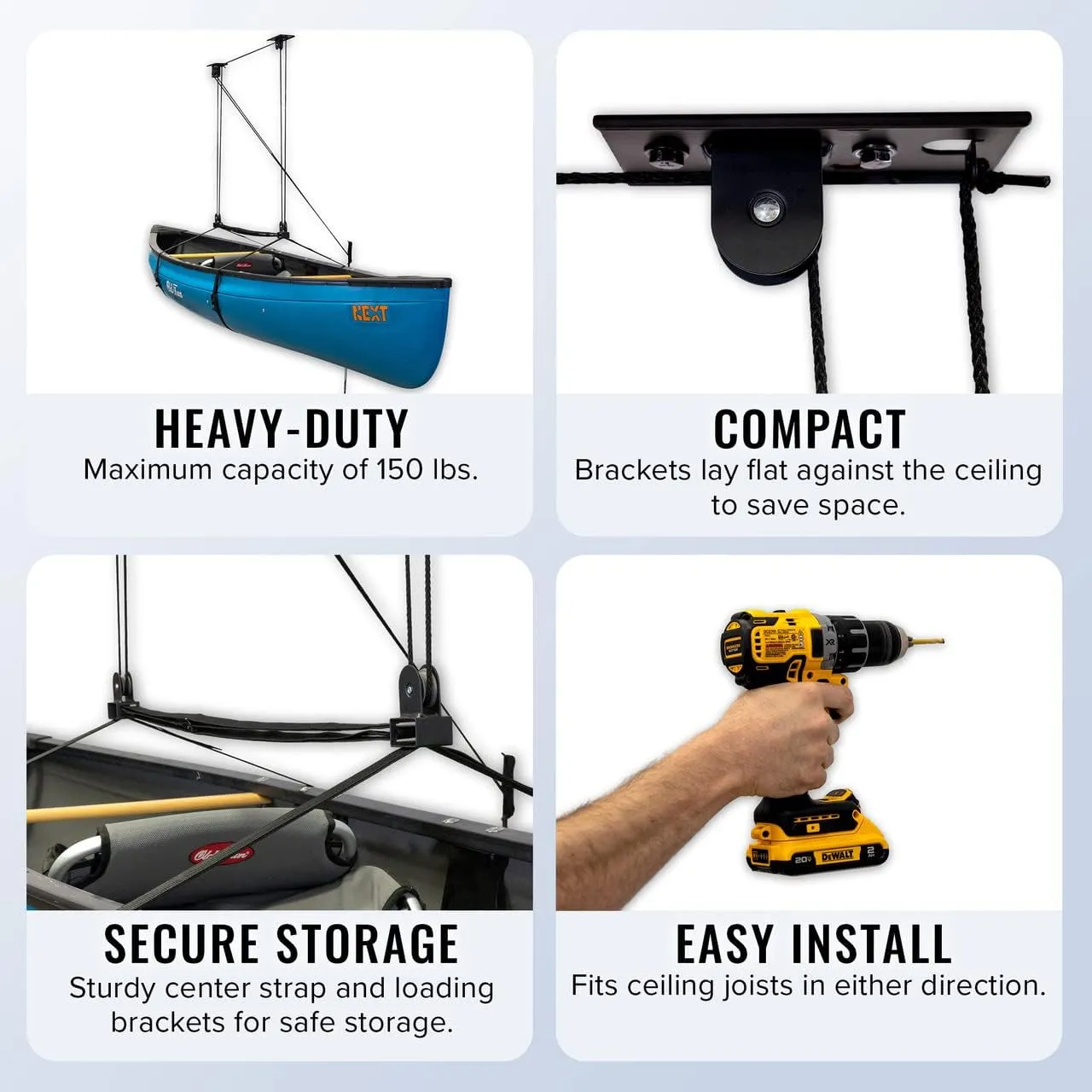 StoreYourBoard Standup Paddleboard and Surfboard Ceiling Storage Pulley System, Garage Mount Hoist, Heavy Duty Holds 150 lbs