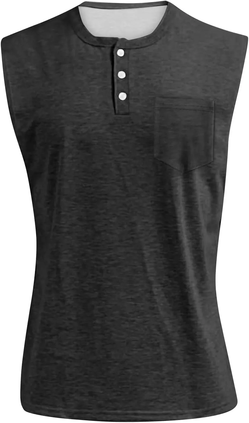 Tank Tops Men Big and Tall Henley Shirts Sleeveless Muscle Gym Workout Running Beach Summer Vintage Button Up Biker Tee Vest