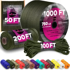 TECEUM Paracord Rope 750 lb  1000ft / 200ft / 120ft / 100ft / 50ft  String Parachute Cord for Camping, Survival, Outdoor Gear  35  Colors  Nylon Utility Rope  Tactical Survival & Camping Kit