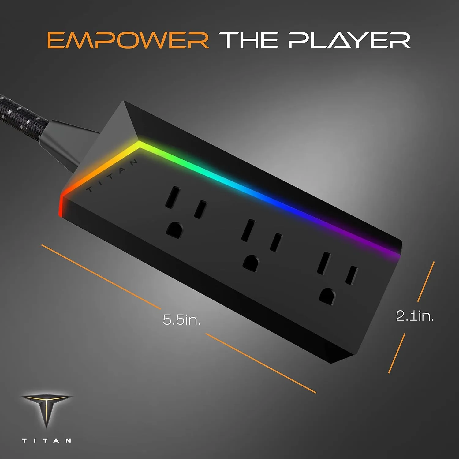 Titan 3-Outlet Power Strip, 8 ft Braided Extension Cord, LED Light Strip with Full Spectrum Color-Select, Compatible with Power Gaming PC, Laptop, Computer Setup, PS4, PS5, Xbox, Black, 57354