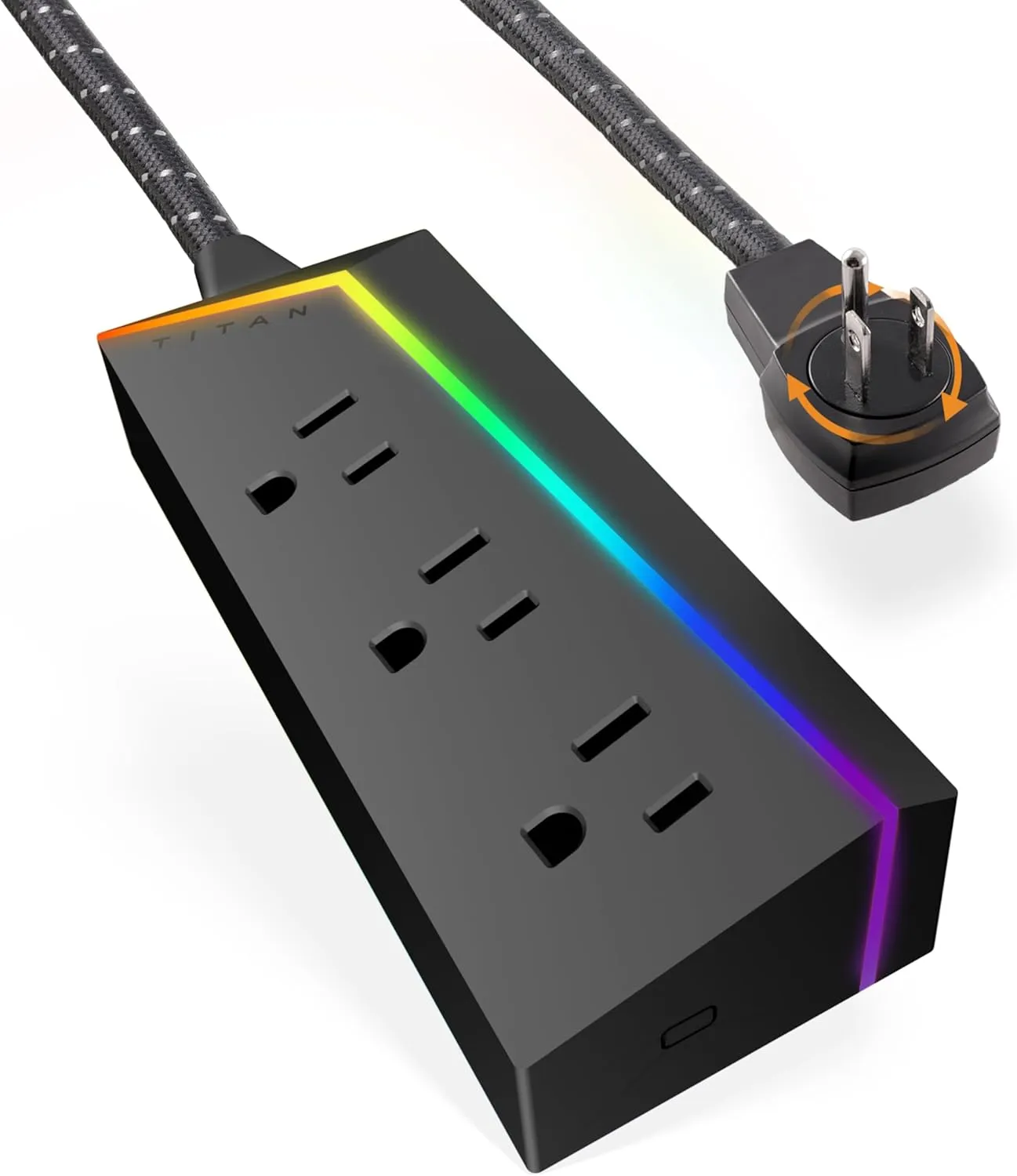 Titan 3-Outlet Power Strip, 8 ft Braided Extension Cord, LED Light Strip with Full Spectrum Color-Select, Compatible with Power Gaming PC, Laptop, Computer Setup, PS4, PS5, Xbox, Black, 57354