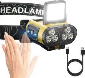 TOCH Headlamp Flashliht 1200 Lumen LED Rechargeable Head Lamp with Motion Sensor 6 Model Headlamp for Hiking, Running, Repairing, Fishing
