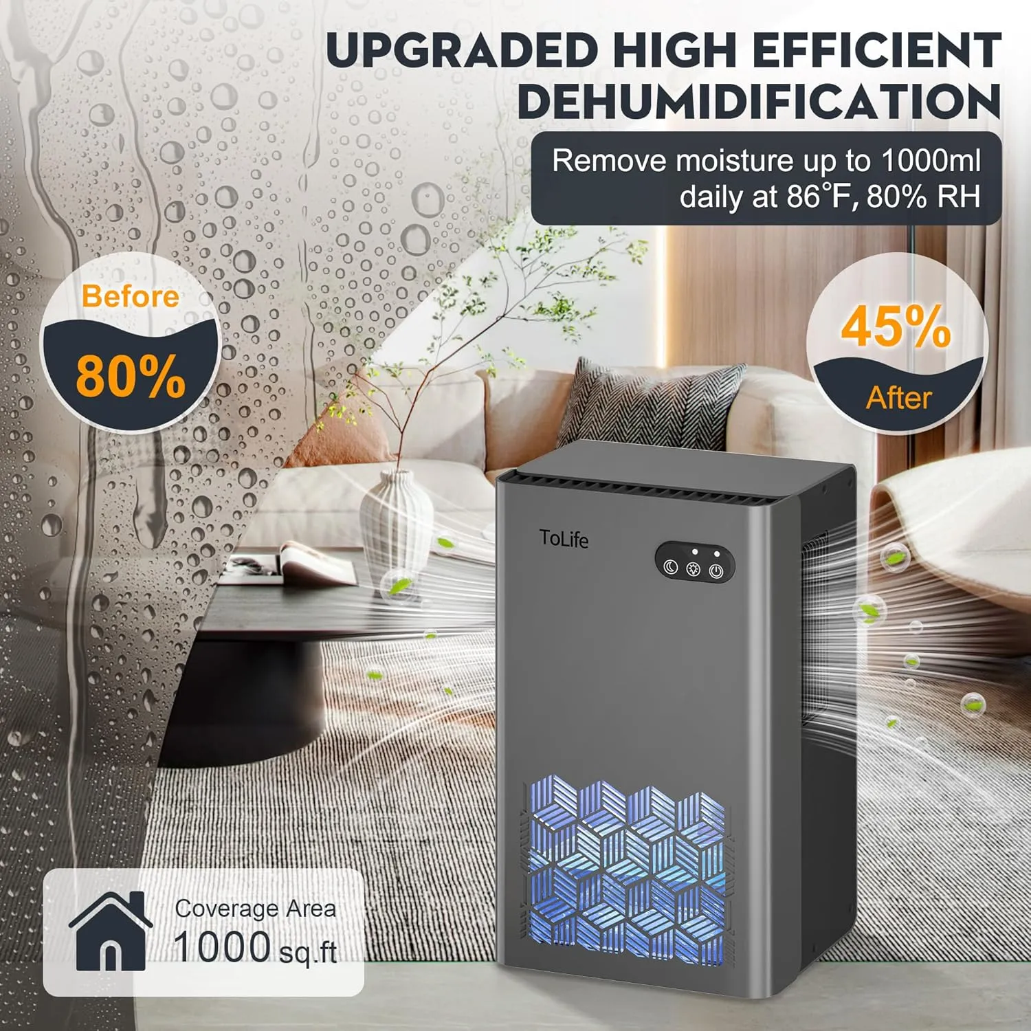 ToLife Dehumidifiers for Home 95 OZ Water Tank, 1000 sq.ft Dehumidifier for Basement Bedroom Bathroom with Auto Shut Off 7 Colors LED Light,Grey