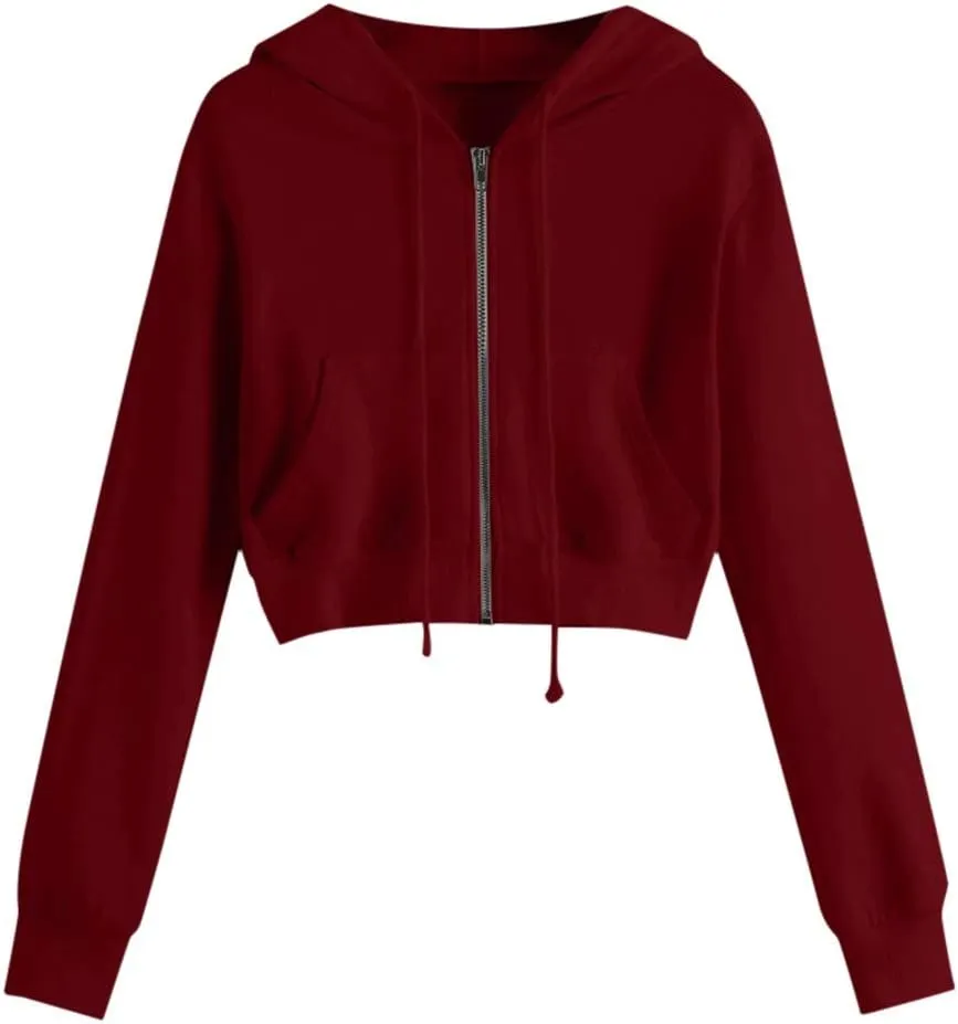 Women Zip Up Hoodies Cropped Long Sleeve Sweatshirts Jackets Y2k Comfy Casual Crop Tops Teen Girls Clothes 2025