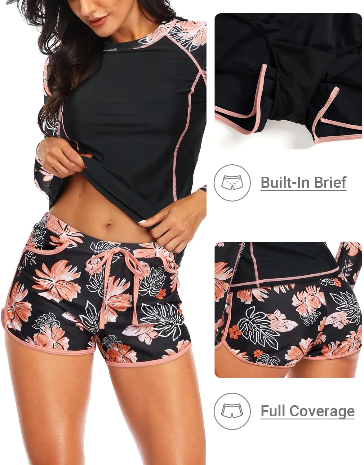 Women's Long Sleeves Rash Guard - 2 Piece Swimsuits with Built in Bra Swim Shirt and Shorts with Pockets