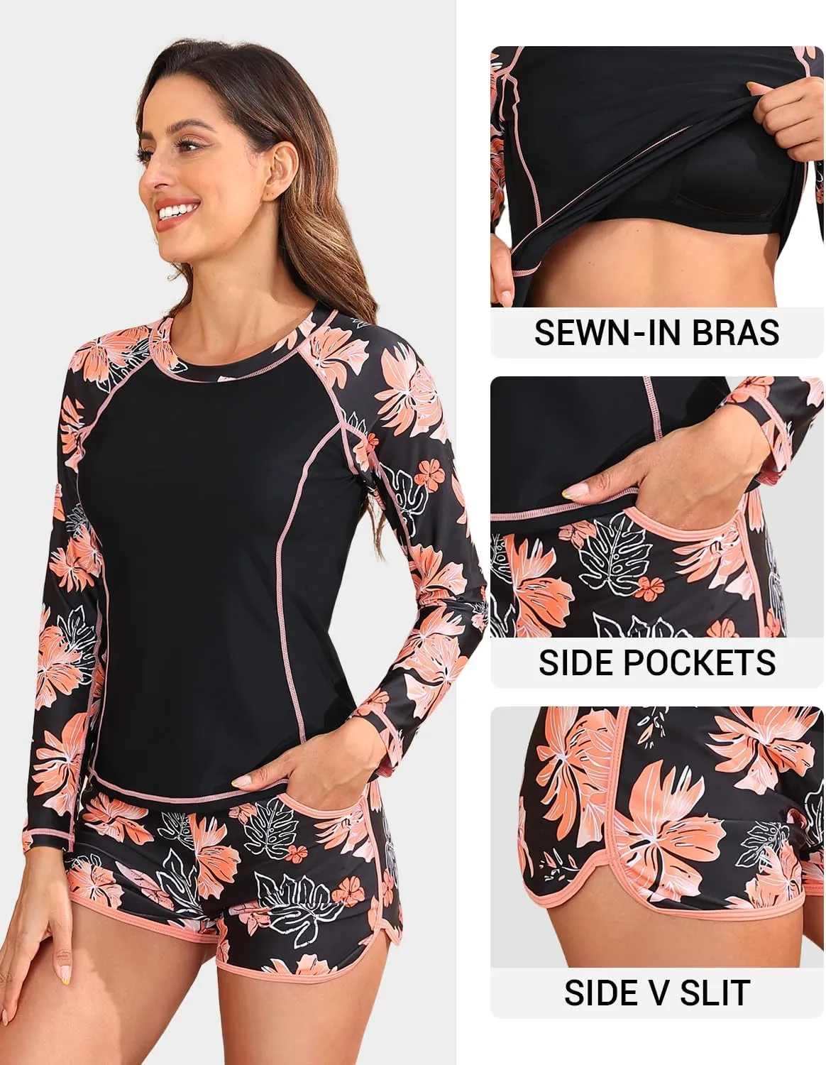 Women's Long Sleeves Rash Guard - 2 Piece Swimsuits with Built in Bra Swim Shirt and Shorts with Pockets