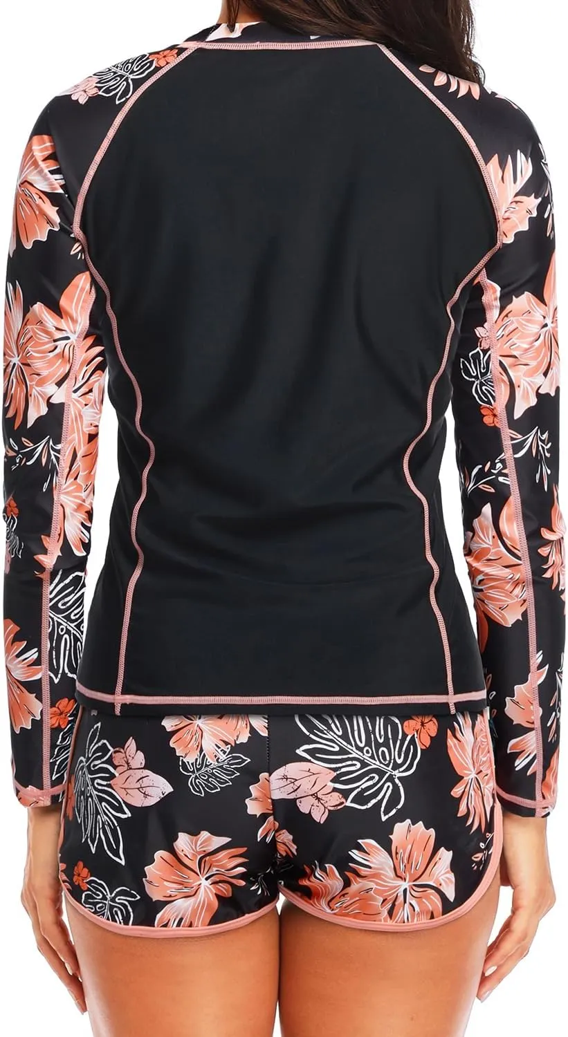 Women's Long Sleeves Rash Guard - 2 Piece Swimsuits with Built in Bra Swim Shirt and Shorts with Pockets